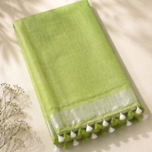 Lime Green Linen Saree with Silver Zari Border