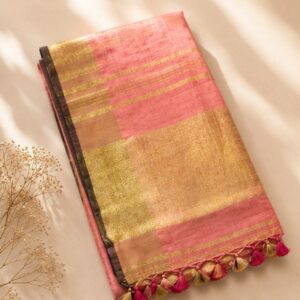 Peach Pink Linen Saree with Gold Zari Border
