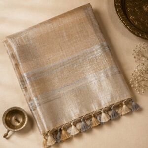 Beige Gold Linen Saree with Silver Zari Stripes