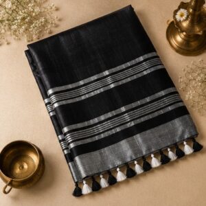 Black Linen Saree with Silver Zari Pallu