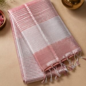 Pale Pink Linen Saree with Silver Borders