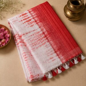 Red and White Shibori Printed Cotton Saree