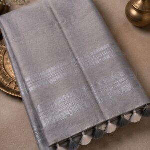 Charcoal Grey Linen Saree with Silver Borders