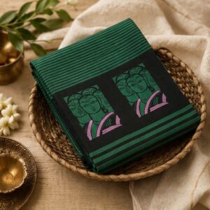 Black and Green Printed Cotton Saree with Traditional Motifs