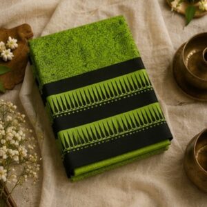 Lime Green Cotton Saree with Black Temple Border