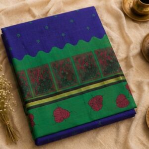 Royal Blue Cotton Saree with Green Leaf Pallu