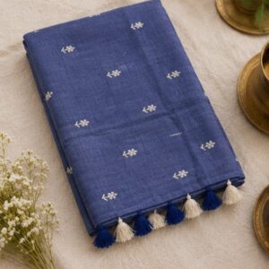 Indigo Blue Printed Saree with Cotton tassels