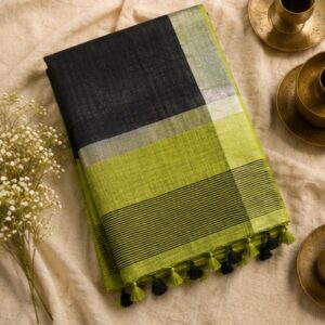 Olive Green and Black Printed Linen Saree