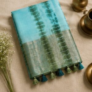 Turquoise Printed Silk Saree with Shibori Stripes
