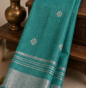 Teal Blue Silk Saree with Silver Bootis