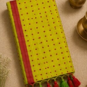 Chartreuse Green Cotton Saree with Red Polka Dots