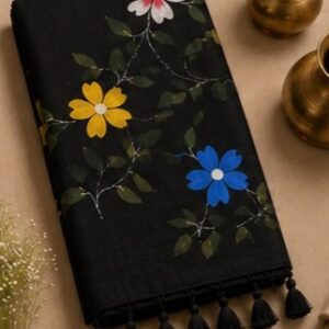 Black Hand-Painted Cotton Saree with Floral Motifs