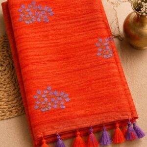 Rust Orange Silk Saree with Silver Embroidery