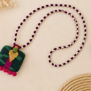 Handmade Green Ikat Fabric Necklace With Pink Pom Poms