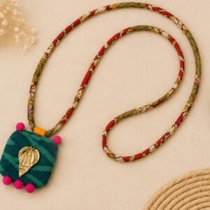 Handcrafted Teal Ikat Fabric Necklace With Pink Pom Poms
