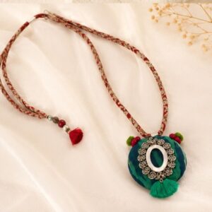 Handmade Teal Ikat Fabric Necklace With Silver Filigree