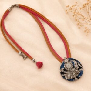 Handcrafted Dual Tone Fabric Necklace With Silver Medallion