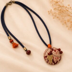 Handcrafted Navy Blue Fabric Pendant Necklace For Women