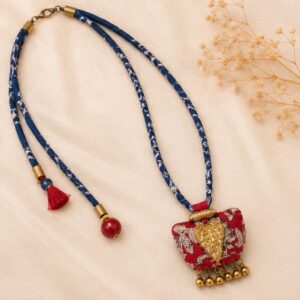 Handmade Blue Fabric Choker Necklace With Red Leaf Pendant
