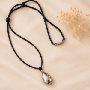 Black Cord Pendant Necklace With Silver Teardrop Pendant