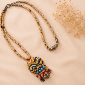 Handcrafted Kalamkari Fabric Pendant Necklace With Ghungroos