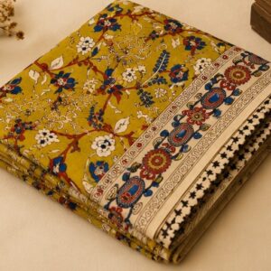 Olive Green Peacock Motif Handprinted Kalamkari Saree