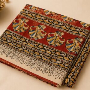 Deep Rust Red Dancing Figure Motif Kalamkari Saree