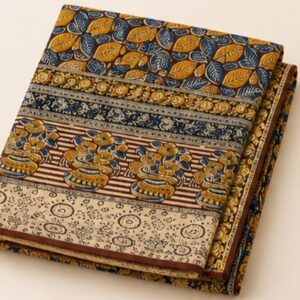 Classic Indigo Blue and Ochre Leaf Kalamkari Saree