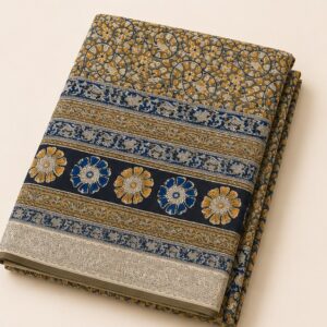 Earthy Mustard and Indigo Floral Block Kalamkari Saree