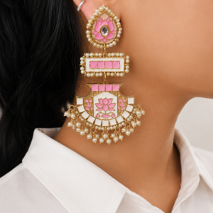Handcrafted Pink Lotus Meenakari Tiered Drop Earrings