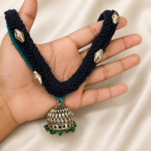 Black Braided Thread Rope Necklace with Gold Studs & Lotus Pendant
