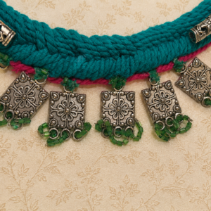 Teal & Magenta Braided Thread Necklace with Silver Charm Drops