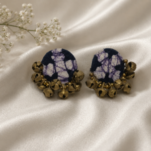 Batik Printed Fabric Button Stud Earrings with Ghungroo Fringe