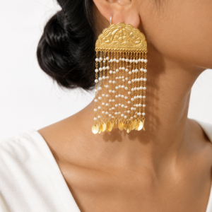 Gold Filigree Crescent Chandelier Earrings with Pearls