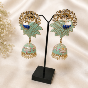 Mint Green Enamel Peacock Kundan Drop Jhumka Earrings