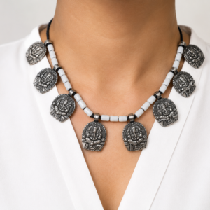 German Silver Ganesha Pendant Necklace with White Beads