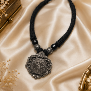 Black Thread Cord Necklace with Medallion German Silver Pendant