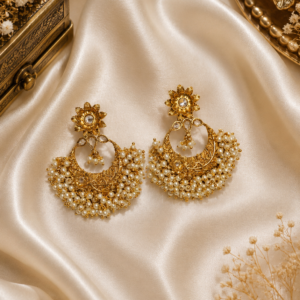 Antique Gold Pearl Cluster Crescent Chandbali Earrings