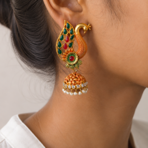 Royal Antique Gold Peacock Jhumka Earrings with Pearl Drops