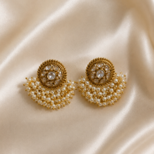 Gold Kundan Medallion Earrings with Pearl Crescent Cluster