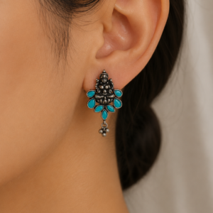 Antique Silver Goddess Lakshmi Turquoise Stud Earrings
