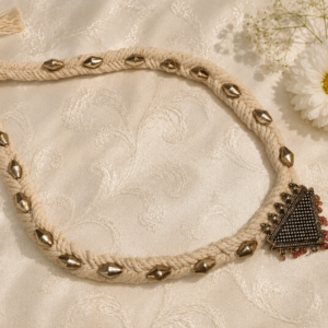 Off White Braided Thread Necklace with Silver Geometric Pendant