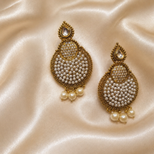 Antique Gold Kundan & Pearl Cluster Drop Statement Earrings