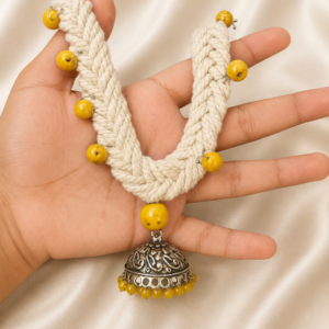 Cream Braided Thread Rope Necklace with Yellow Bead Jhumka Drop