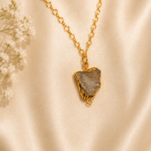 Gold Plated Chain Necklace With Raw Crystal Geode Pendant