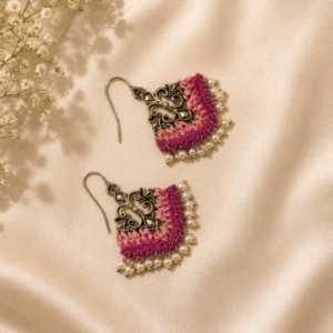 Magenta Crochet Thread Dangler Earrings with Pearls