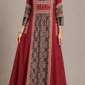 Maroon Flared Cotton Ajrakh Print Kurta with Pointed Collar