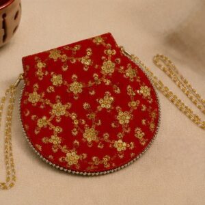Luxury Red Embroidered Velvet Potli Bag with Chain Handle