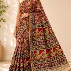 Deep Rust Red Dancing Figure Motif Kalamkari Saree