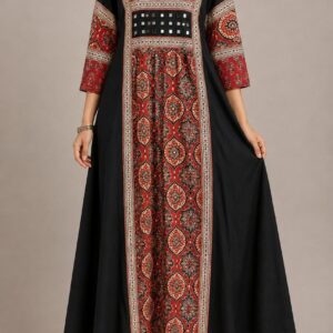 Black A-Line Ajrakh Print Cotton Kurta with Pockets and Collar